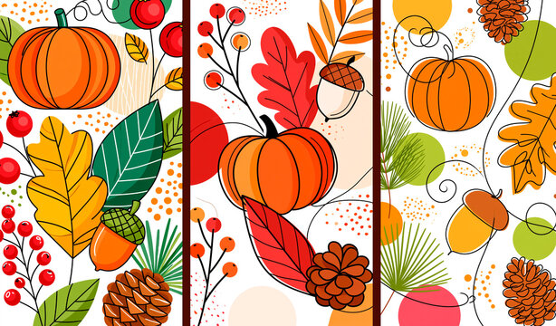 Autumn pattern composition with pumpkins line art, greeting card