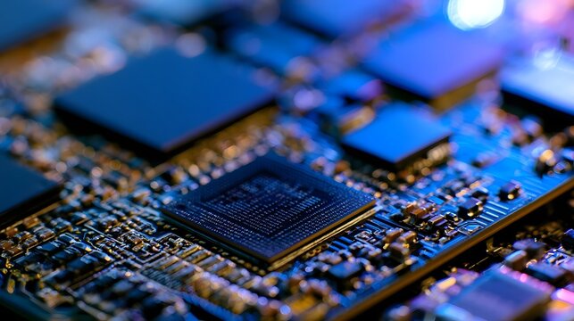 Close up of a semiconductor chip on a circuit board with intricate metallic traces and blue lighting effects