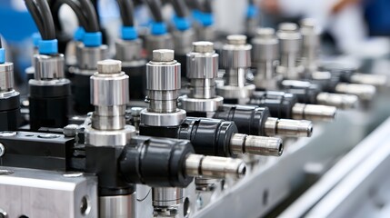 Obraz premium Close up of industrial hydraulic valve components arranged in a row on a hine assembly line