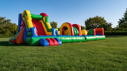 Fototapeta premium Colorful inflatable playground structure on empty park lawn in late afternoon sunlight