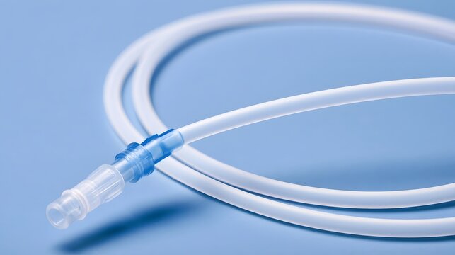 Coiled transparent medical tubing with blue connector lies on a smooth blue surface under soft lighting
