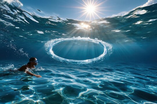 Underwater swimmer near perfect bubble ring in sunlit shallow water