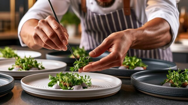 Chef hands plating micro herbs on ceramic dishes in professional kitchen