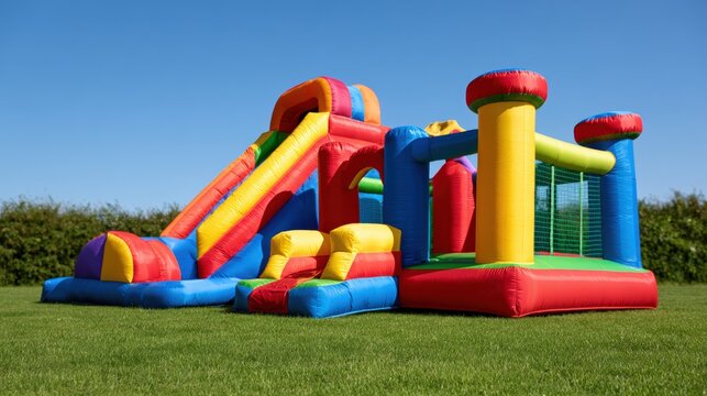 Colorful inflatable playground castle on green lawn under blue sky