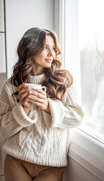Junge Frau im Strickpullover genie&szlig;t hei&szlig;en dampfenden Kaffee am Fenster im Morgenlicht