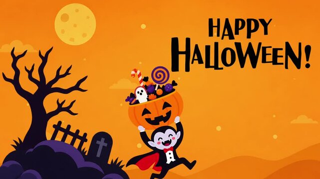 Happy Halloween Cartoon Animation with Pumpkin Candy Bucket, Vampire Kid and Graveyard on Orange