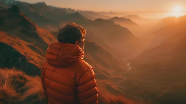 A vivid portrayal of a person, captured from behind, gazing out over a breathtaking landscape. The person wears a bright orange puffer jacket, contrasting with the warm hues of the setting sun. The.