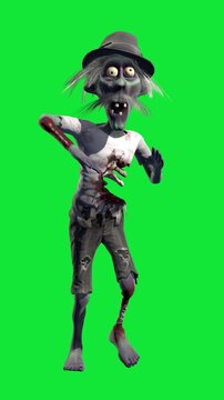 Funny and creepy zombie on a green screen. Halloween party vibes. 3D animation for holiday events, invitations, and music video backgrounds.