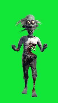 Funny and creepy zombie on a green screen. Halloween party vibes. 3D animation for holiday events, invitations, and music video backgrounds.