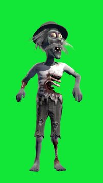 Funny and creepy zombie listening to music and dancing to the beat on a green screen. Halloween party vibes. 3D animation for holiday events, invitations, and music video backgrounds.