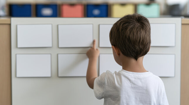 Young elementary school boy pointing to a blank classroom jobs chart with eight cards in an organized learning environment