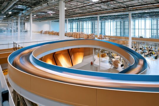 High angle photograph of circular industrial sorter in busy logistics warehouse
