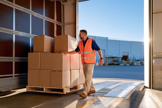 Industrial worker in high vis vest loading pallet into truck. Documentary photograph