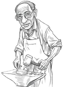 black and white drawing old middle aged blacksmith