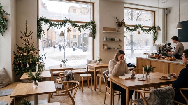 Charming winter cafe ambiance adorned with festive decorations and a picturesque snowy landscape