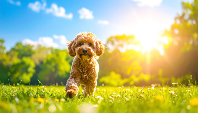 Niedlicher Cockapoo rennt fr&ouml;hlich &uuml;ber eine sonnige Wiese im Park