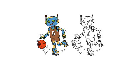 Naklejka premium Robot playing basketball while roller skating flat cartoon and outline versions on transparent background.