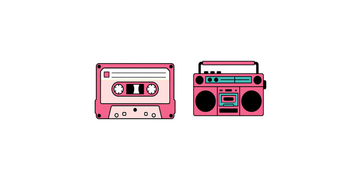 Retro pink cassette tape and boombox radio flat cartoon icons set on transparent background.