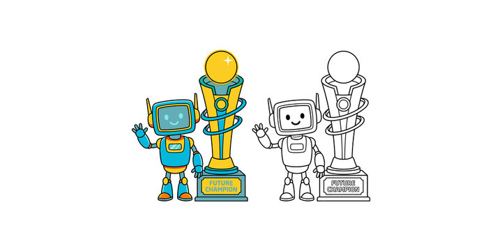 Future champion gold trophy cup next to blue robot mascot line art and flat color design for award ceremony graphic.