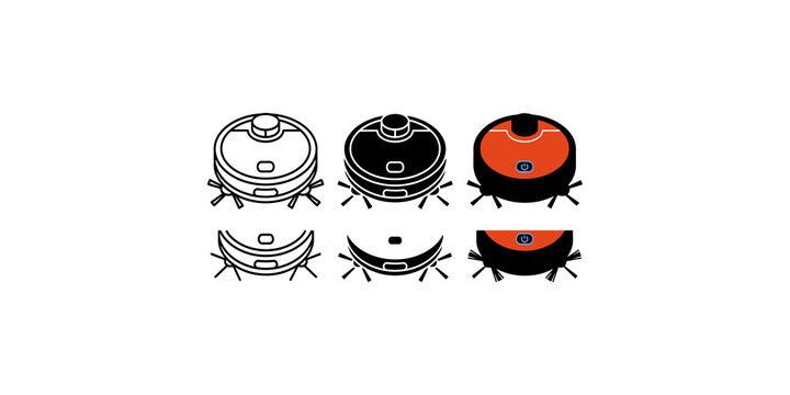 Modern robotic vacuum cleaner set in orange and black line art and flat design for smart home cleaning appliance icon.