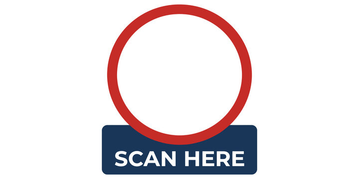 scan here button with red circle for qr code or augmented reality experience on transparent background.