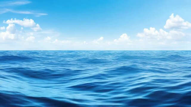 Vast Ocean Horizon: The endless expanse of the deep blue ocean stretches to meet the bright sky, dotted with fluffy white clouds, creating a serene and boundless seascape.