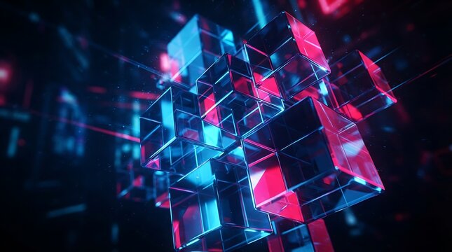 Abstract digital background featuring a glowing cube structure with vibrant neon blue and red light particles