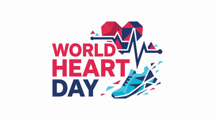 Obraz premium World Heart Day lettering with geometric polygonal ticker and running sneaker in vibrant red and blue flat vector graphic for healthcare promotion
