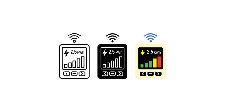 smart meter energy consumption icons with wifi signal for digital utility tracking.