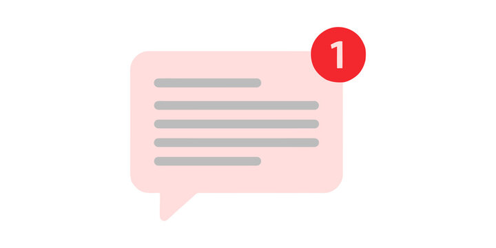 Speech bubble icon with red notification badge and grey text lines represents incoming message for digital chat app.