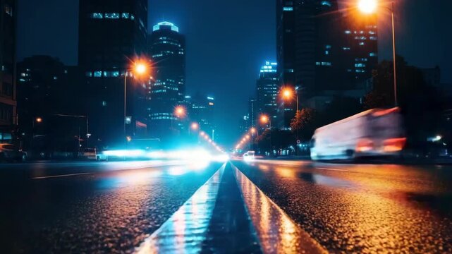 Night Cityscape: A blurred image of a truck moving on a highway at night. The street lights and reflections on the wet road create a dramatic and dynamic atmosphere.