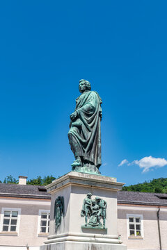 The Mozart statue In the centre of the Mozartplatz in Salzburg, Austria