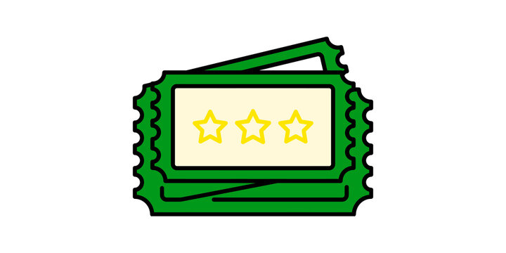 Green movie ticket icon with three yellow stars, perfect for entertainment events and cinema promotions.
