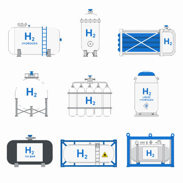 Vector illustration of various industrial hydrogen storage tanks and H2 gas containers.