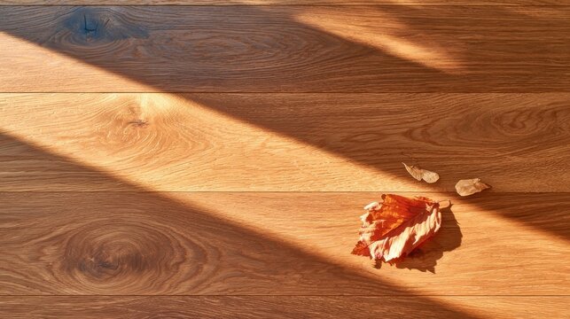 Minimal autumn leaf on oiled oak tabletop surface with dark shadows from sunlight