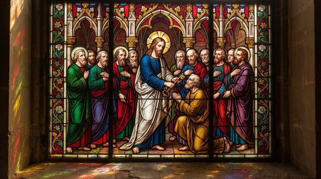 Biblical Scene in Stained Glass: A magnificent stained-glass window depicts a pivotal biblical narrative, showcasing Jesus entrusting keys to Saint Peter amidst a gathering of disciples.