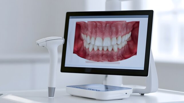 Digital dental intraoral scanner showing a 3D model of teeth and gums on a monitor in a clinical setting
