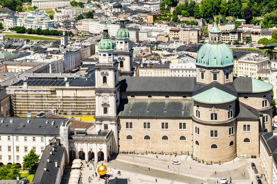 Aerial view of Salzburg , Austria and the Cathedral viewed from the Hohensalzburg Fortress