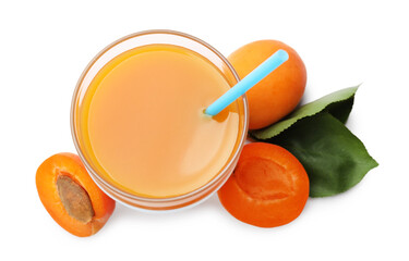 Apricot juice in glass and fresh fruits isolated on white, top view © New Africa