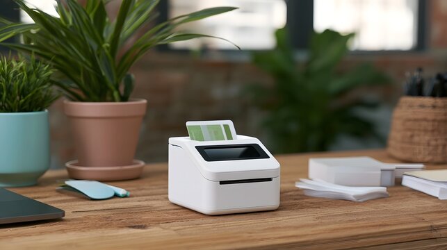 Modern white card reader on wooden desk with potted plants and office supplies in soft natural light