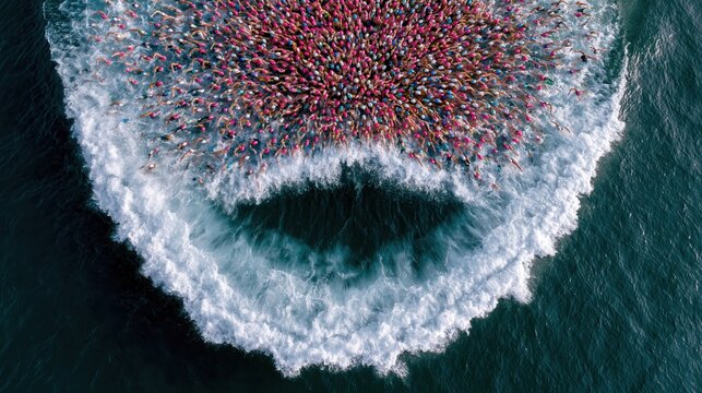 Aerial view of hundreds of swimmers starting open water race in deep blue sea with white foam