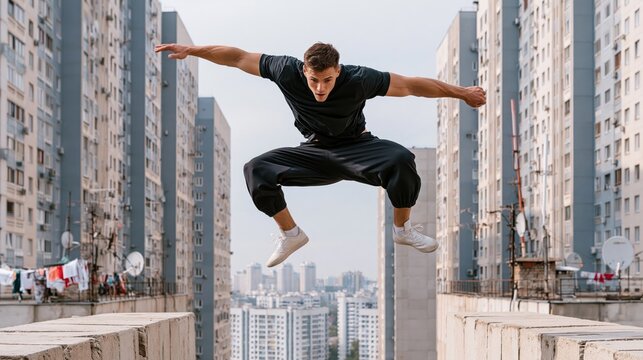 Parkour athlete vaulting over gap between rooftop blocks in grey urban housing