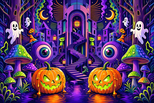 Crazy psychedelic colorful Halloween background in illustration style