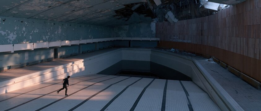 Abandoned swimming pool with peeling paint and collapsed ceiling, person running across tiled floor