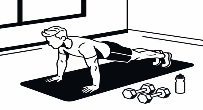 Dynamic Fitness Routine Vector Icon Illustrating a Man Performing a Plank Exercise for Core Strength and Overall Wellness Concept Design