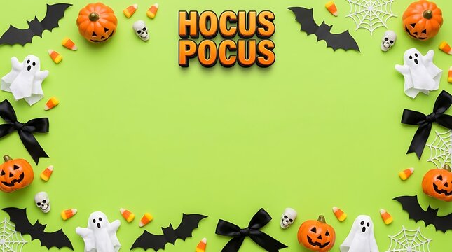 Festive halloween background typography featuring hocus pocus text with cute spooky decorations on a green surface
