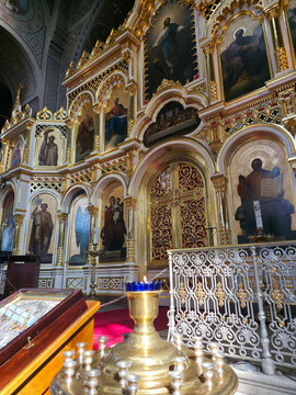 Uspenski Orthodox Cathedral with Golden Iconostasis and Chandelier in Helsinki Finland