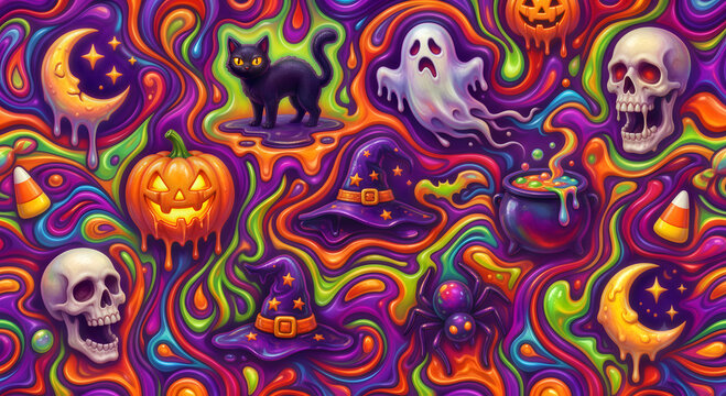 Crazy psychedelic colorful Halloween background in illustration style