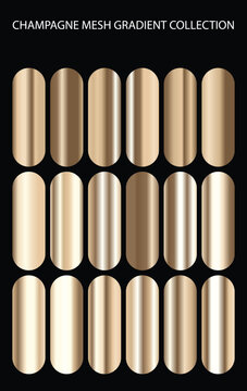 Champagne mesh gradient collection with 18 metallic gold swatches, luxury bronze and beige vector palettes, elegant metallic textures for premium branding and design