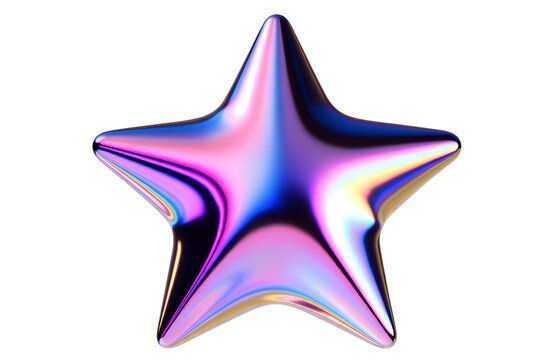 Glossy iridescent three-dimensional star, isolated PNG, transparent background, smooth inflated geometric form with rainbow pink, blue, violet and golden reflections, holographic pearl chrome surface